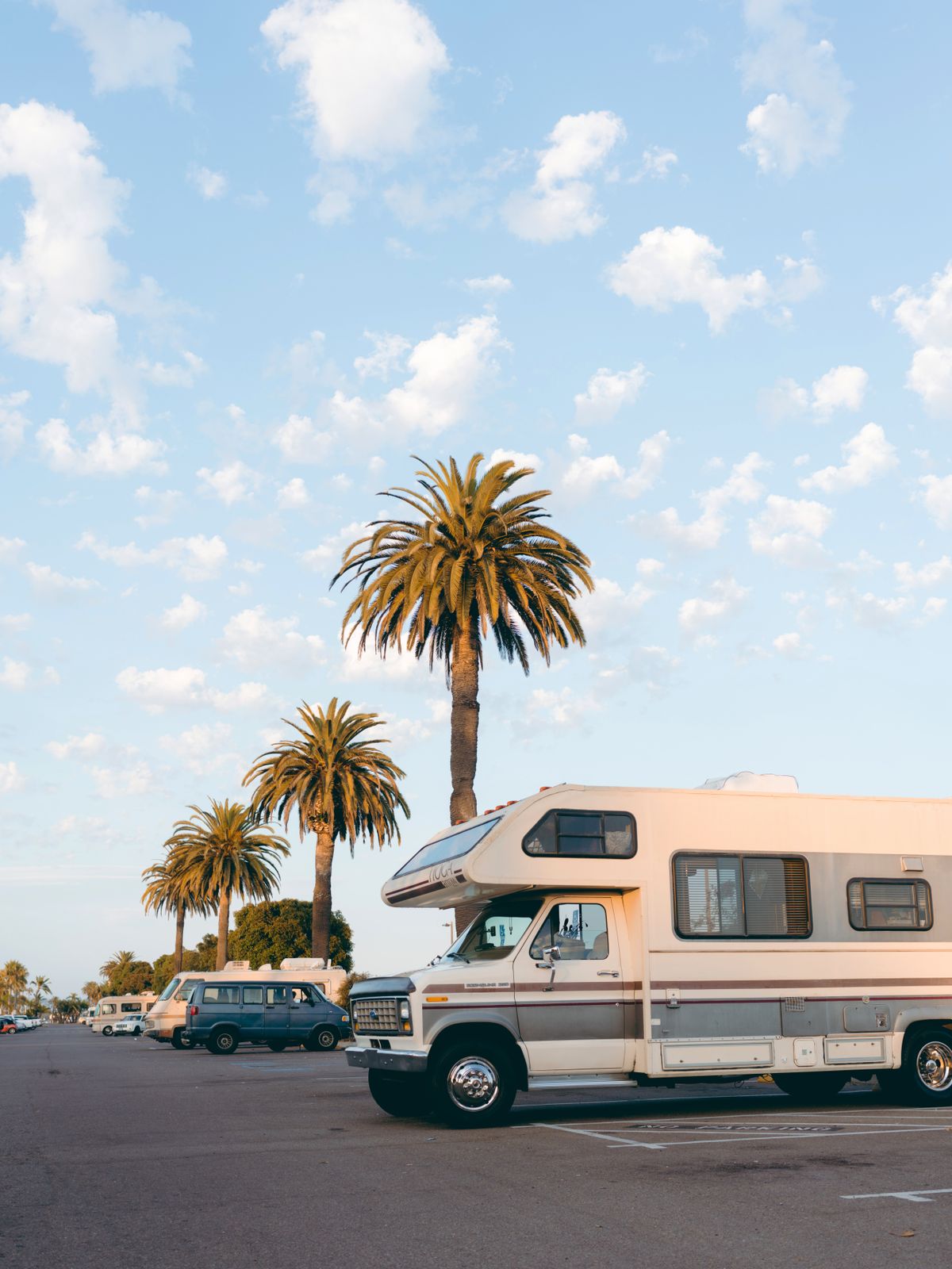 Motorhome with a rooftop air conditioner parked in full sun under tall palm trees